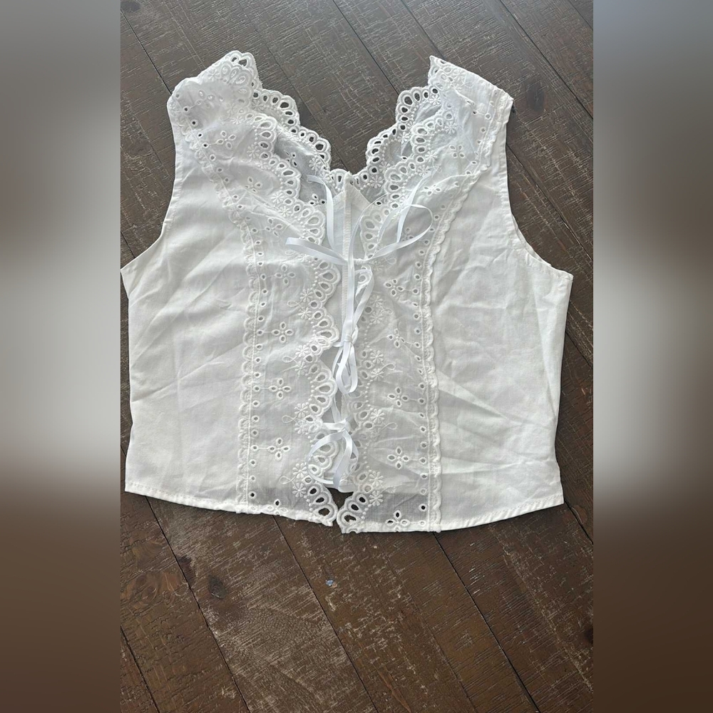 White Lace Trim Sleeveless Top Coquette Scandigirl Coastal Boho Prairie